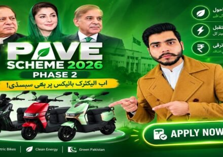 Green PAVE Scheme 2026 Phase 2 banner featuring electric bikes, online application steps, Apply Now button, and Pakistan government-themed visuals.