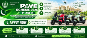 Green PAVE Scheme 2026 Phase 2 banner featuring electric bikes, online application steps, Apply Now button, and Pakistan government-themed visuals. 